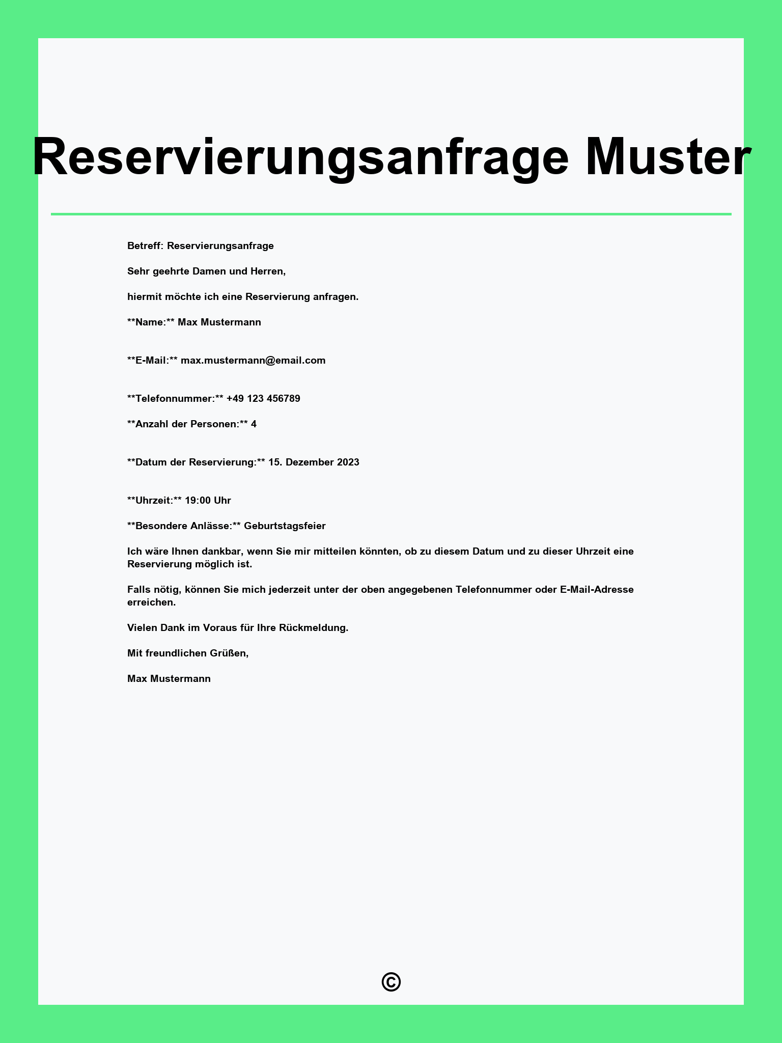 Reservierungsanfrage Muster